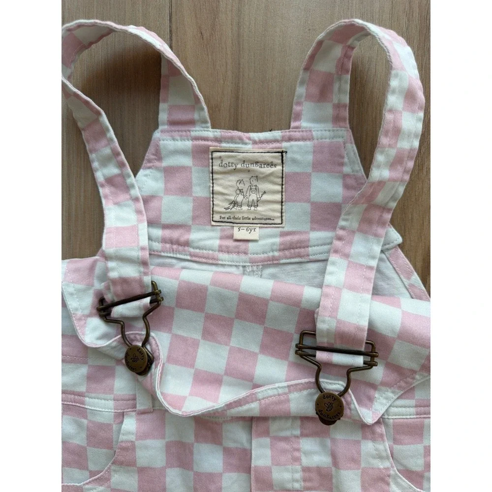 Dotty Dungarees Kids Pink White Checkered Overalls Shortalls Size 5-6 Years‎